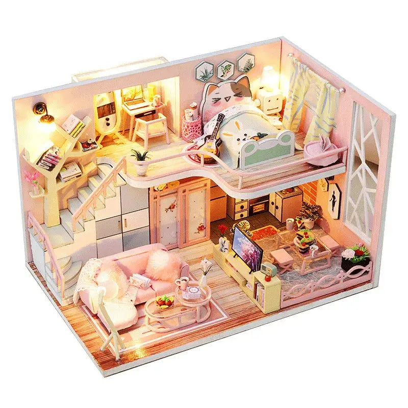 Pink Doll House With Furniture Light - Model to assemble