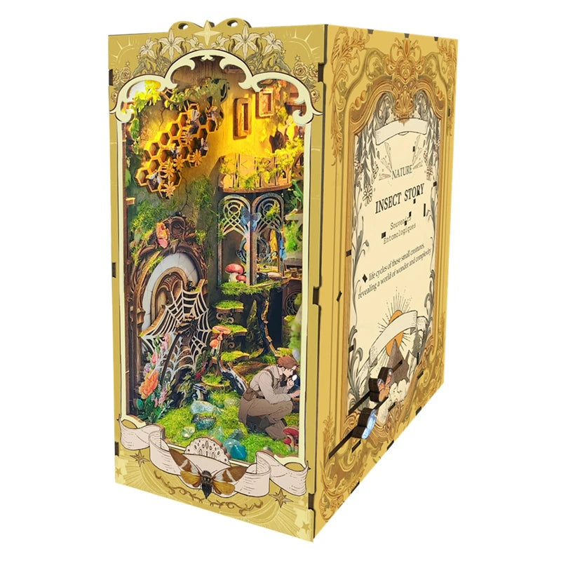 DIY Book Nook Insert Shelf Kits Wooden Miniature Building Kit The Records of Insects Bookend Bookshelf Home Decoration - Model to assemble
