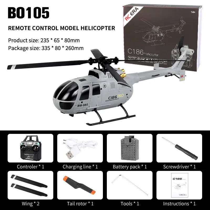 C186 PRO BO105 RC Helicopter – 4CH 2.4GHz, 6-Axis Gyro, Altitude Hold, Scale Design, Ages 14+ Model to assemble