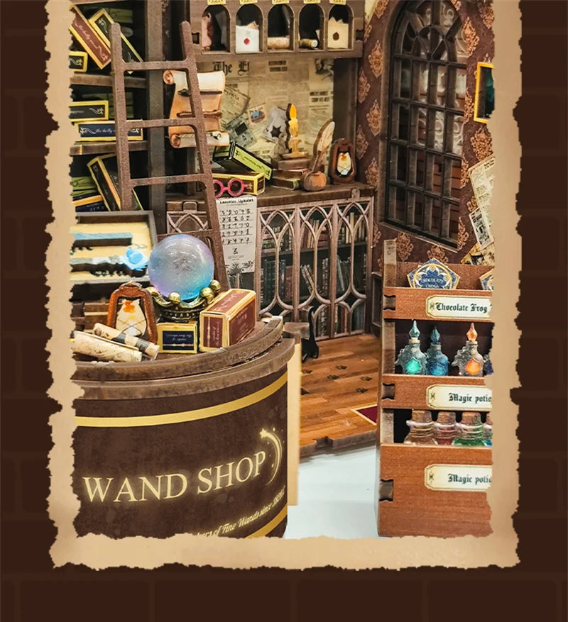 Retro Magic Wand Store DIY Wooden Book Nook Figurines Miniature Kits Bookshelf Home Bookend Decoration For Adult Handmade Gifts - Model to assemble