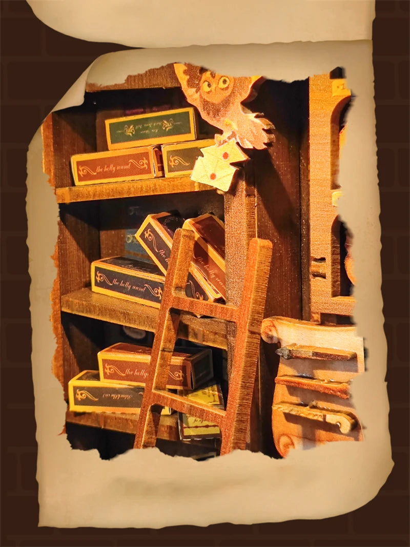 Retro Magic Wand Store DIY Wooden Book Nook Figurines Miniature Kits Bookshelf Home Bookend Decoration For Adult Handmade Gifts - Model to assemble