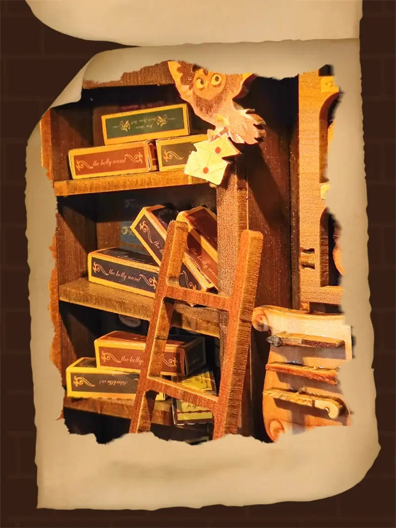 Retro Magic Wand Store DIY Wooden Book Nook Figurines Miniature Kits Bookshelf Home Bookend Decoration For Adult Handmade Gifts - Model to assemble