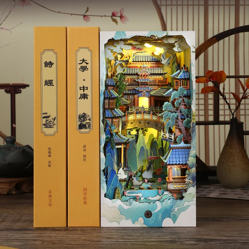 DIY Wooden Book Nook Shelf Insert Kits Miniature Model Kit Penglai Wonderland Casa Bookshelf Assembled Bookends Friends Gifts Model to assemble