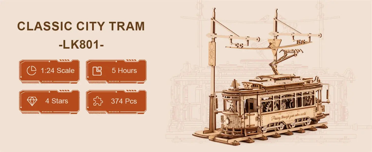Tram Train Set 3D Wooden Puzzles with Railway - Model to assemble