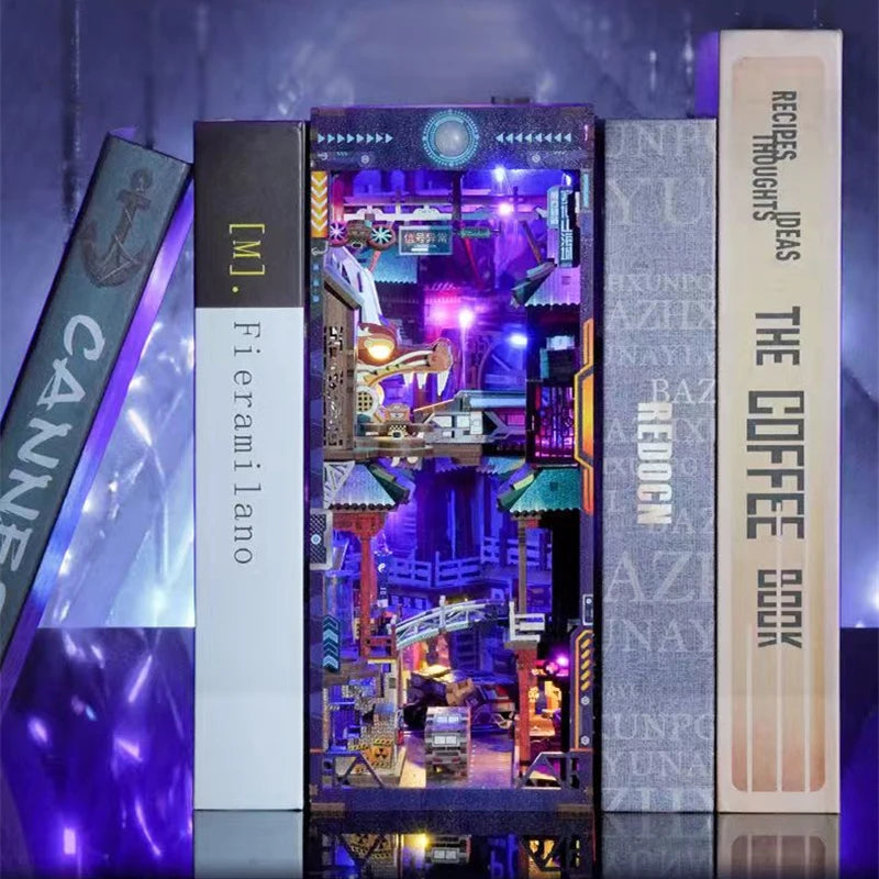 Retro Cyber City Wooden DIY Book Nook Figurines Miniature Kits Bookshelf Home Bookend Decoration For Adult Handmade Gifts Model to assemble