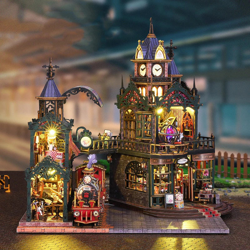 Rail-track Secluded City Figurines Miniatures Bookend Assembled Houses - Model to assemble