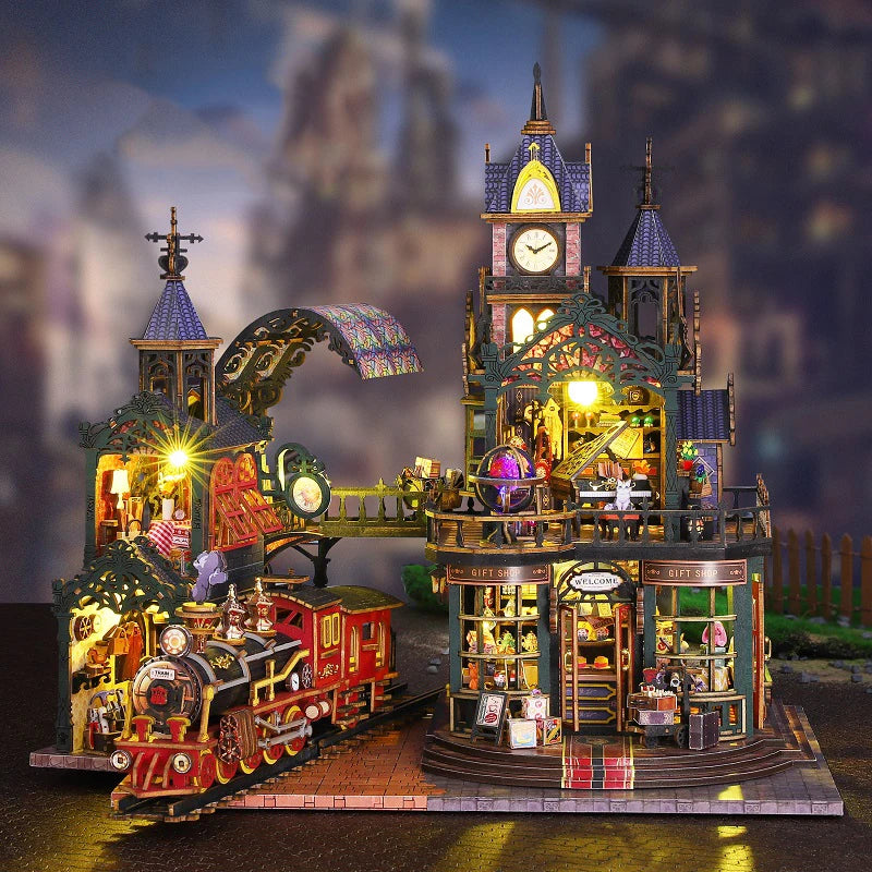 Rail-track Secluded City Figurines Miniatures Bookend Assembled Houses - Model to assemble