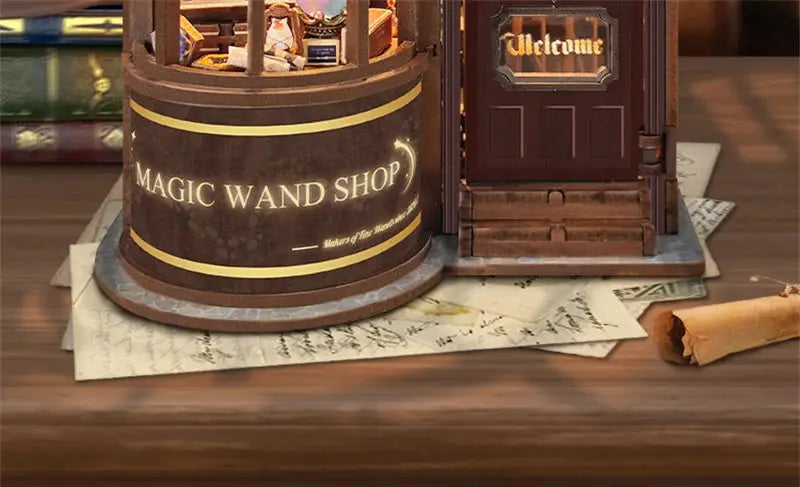 Retro Magic Wand Store DIY Wooden Book Nook Figurines Miniature Kits Bookshelf Home Bookend Decoration For Adult Handmade Gifts - Model to assemble