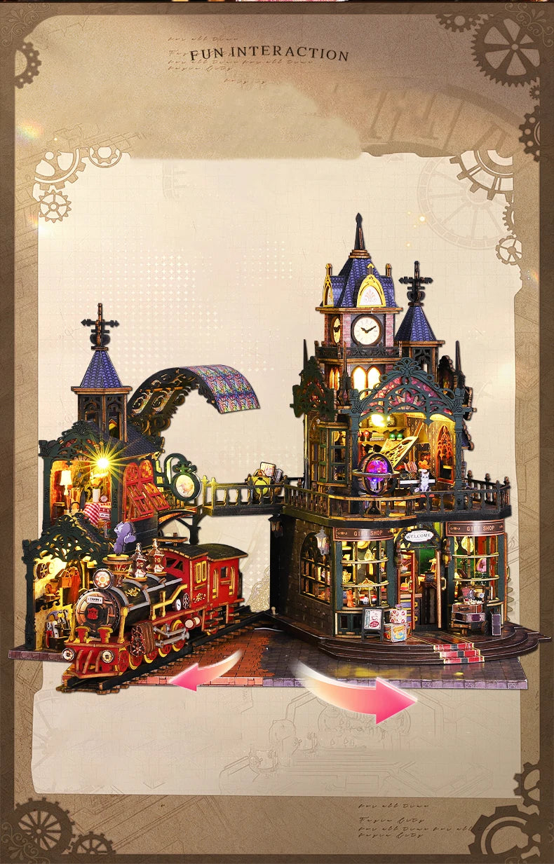 Rail-track Secluded City Figurines Miniatures Bookend Assembled Houses - Model to assemble