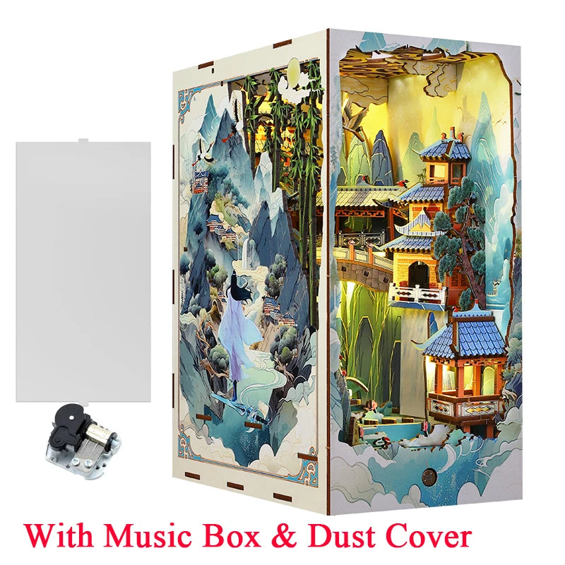 DIY Wooden Book Nook Shelf Insert Kits Miniature Model Kit Penglai Wonderland Casa Bookshelf Assembled Bookends Friends Gifts Model to assemble