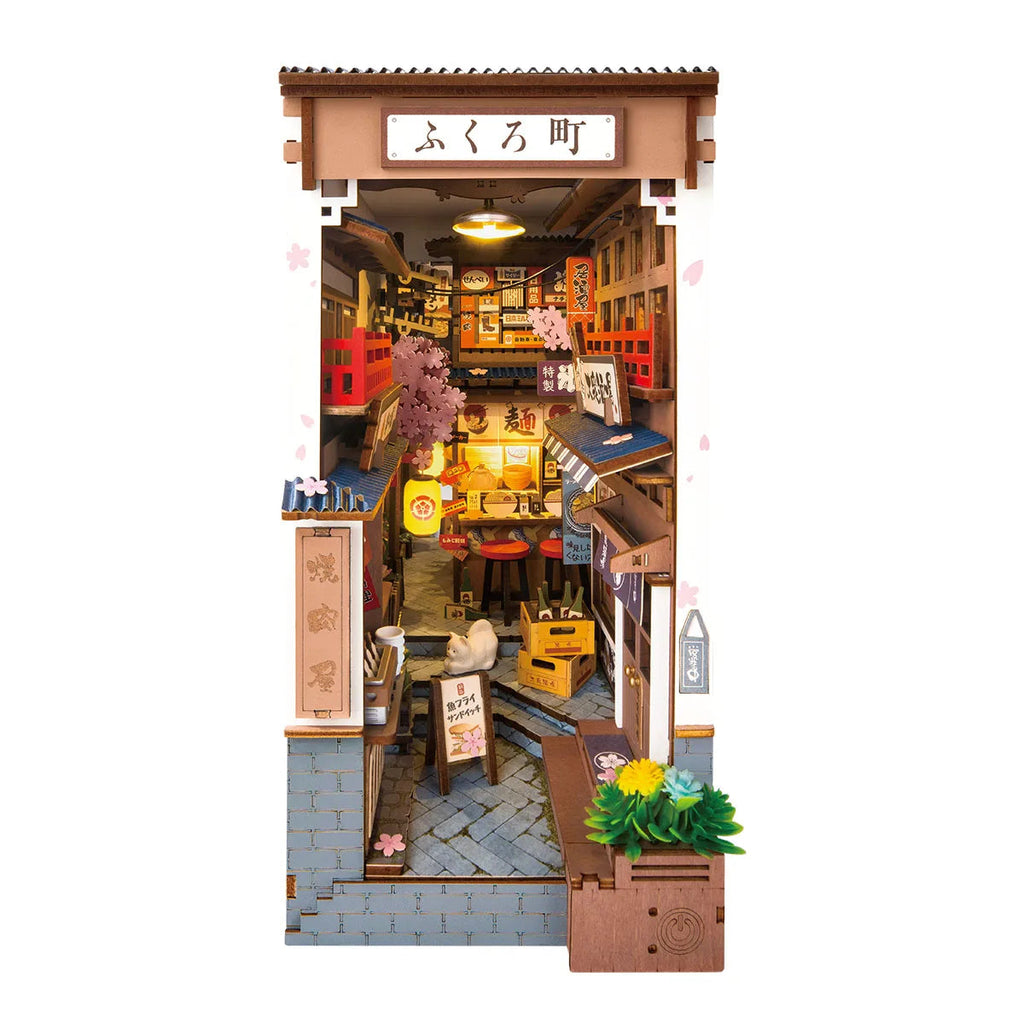 Robotime Rolife Sakura Wine Alley Japanese Style Design Book Nooks Kit for Family Home Bookshelf Decoration 3D DIY Wooden Puzzle Model to assemble