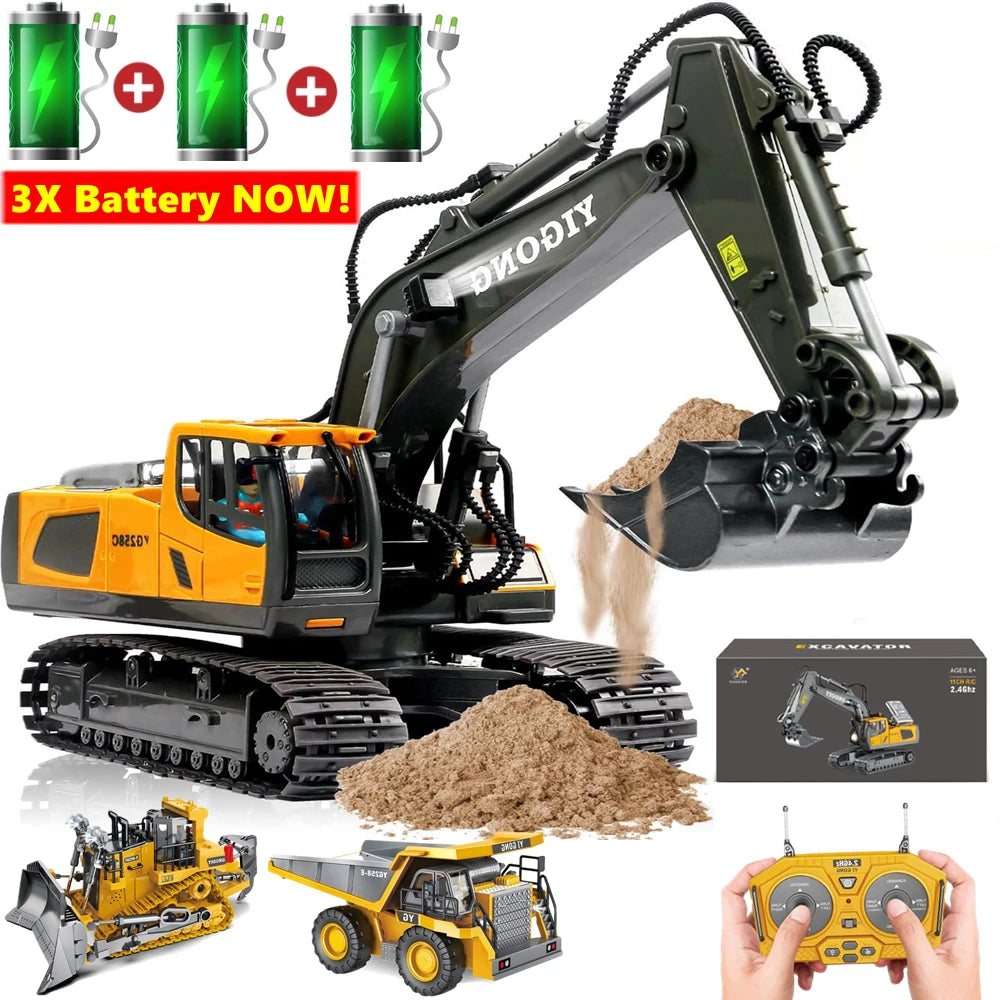 4WD Remote Control Excavator Toy Radio Controlled RC Dump Truck Vehicle Crawler Bulldozer Construction Car Gifts for Kids Boys Model to assemble
