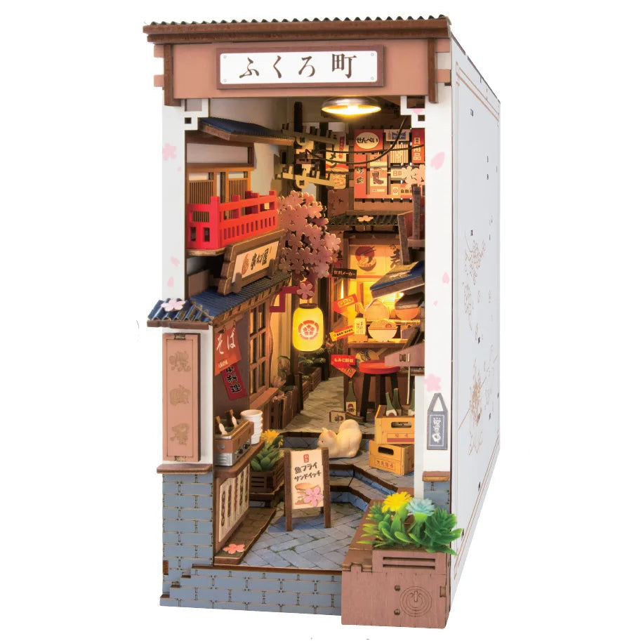 Robotime Rolife Sakura Wine Alley Japanese Style Design Book Nooks Kit for Family Home Bookshelf Decoration 3D DIY Wooden Puzzle Model to assemble