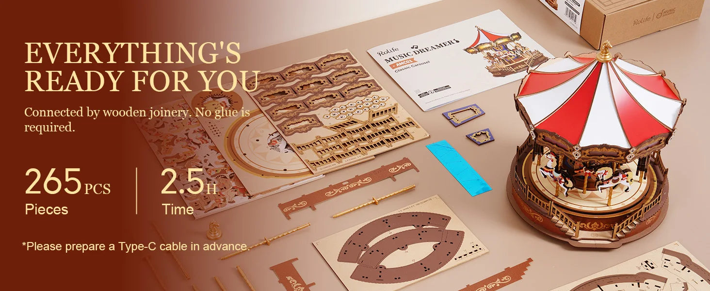 Carousel Music Box With LED Lights Gear - Model to assemble