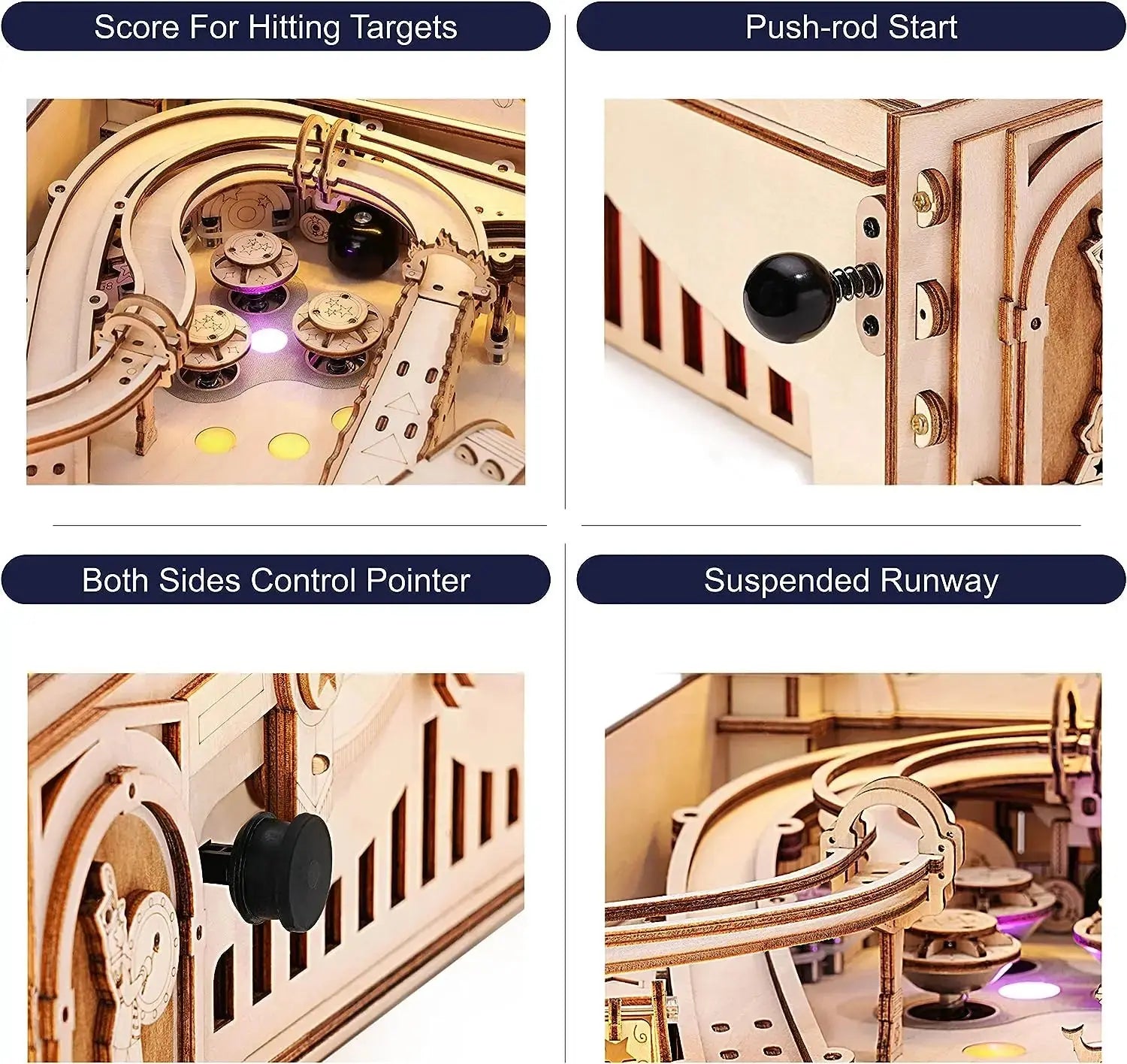 Wooden mechanical model with features labeled 'Score For Hitting Targets', 'Push-rod Start', 'Both Sides Control Pointer', and 'Suspended Runway'.