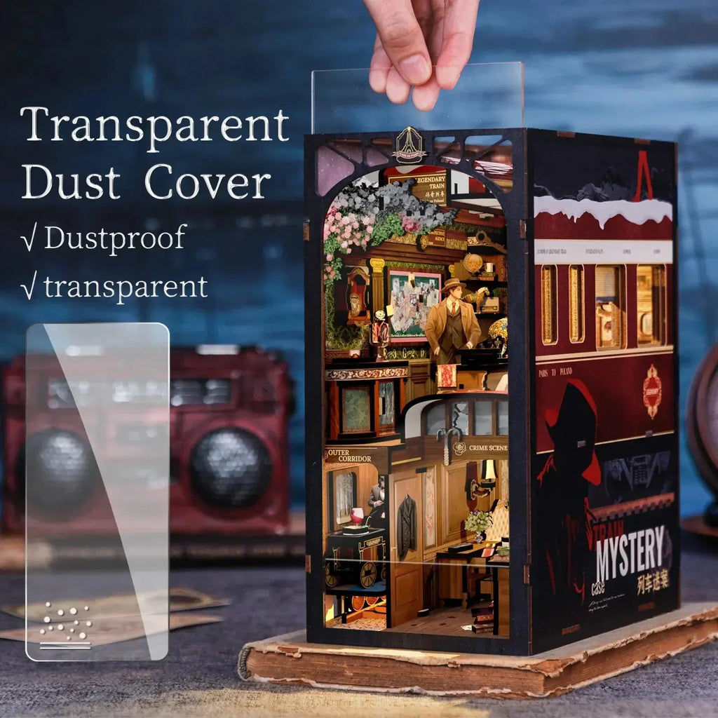 Detective, Train Mystery Wooden Dollhouse, Touch Light, Dust Cover, Bookshelf Insert, - Model to assemble