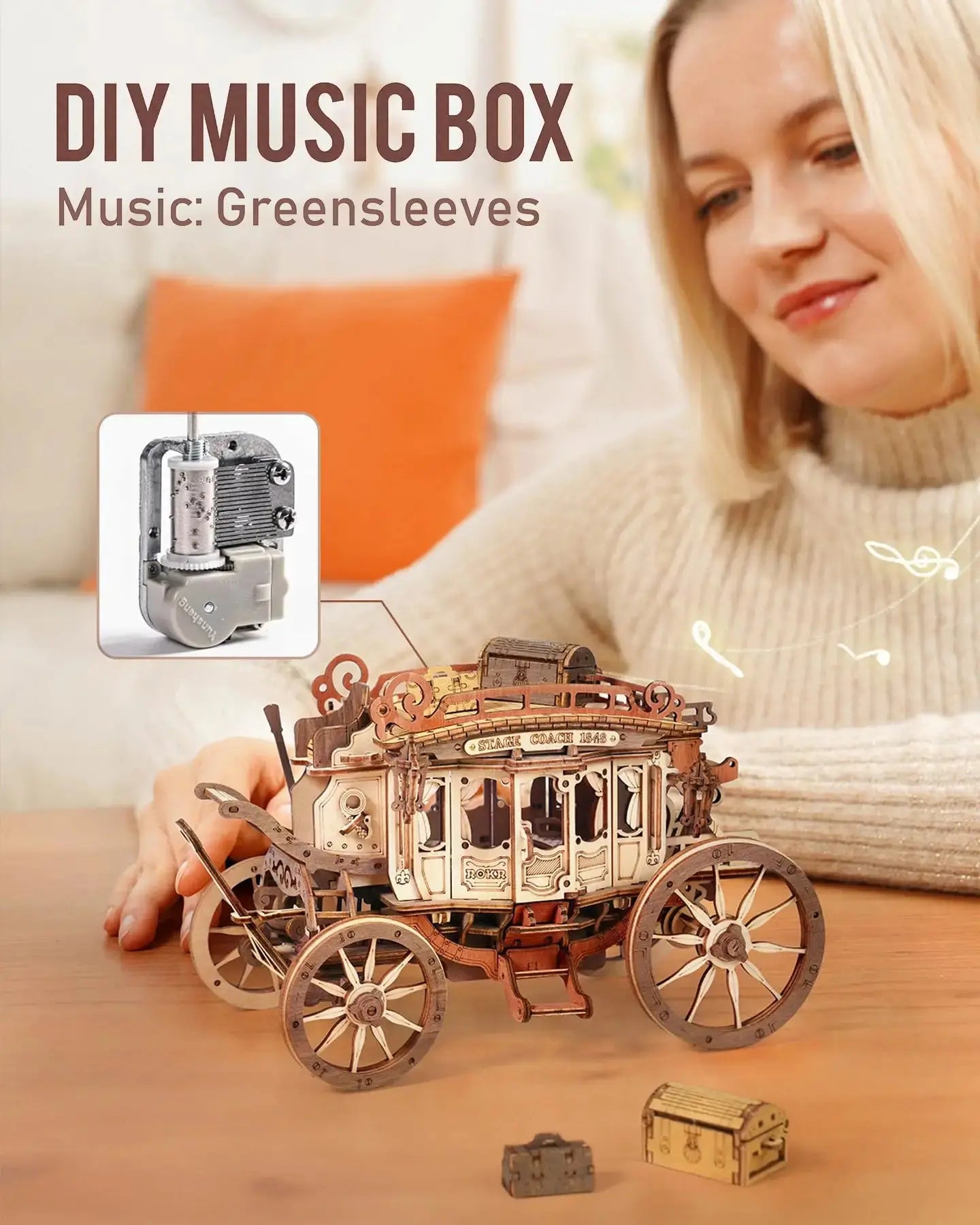 Wooden Stagecoach Music Box Model Kit - Model to assemble