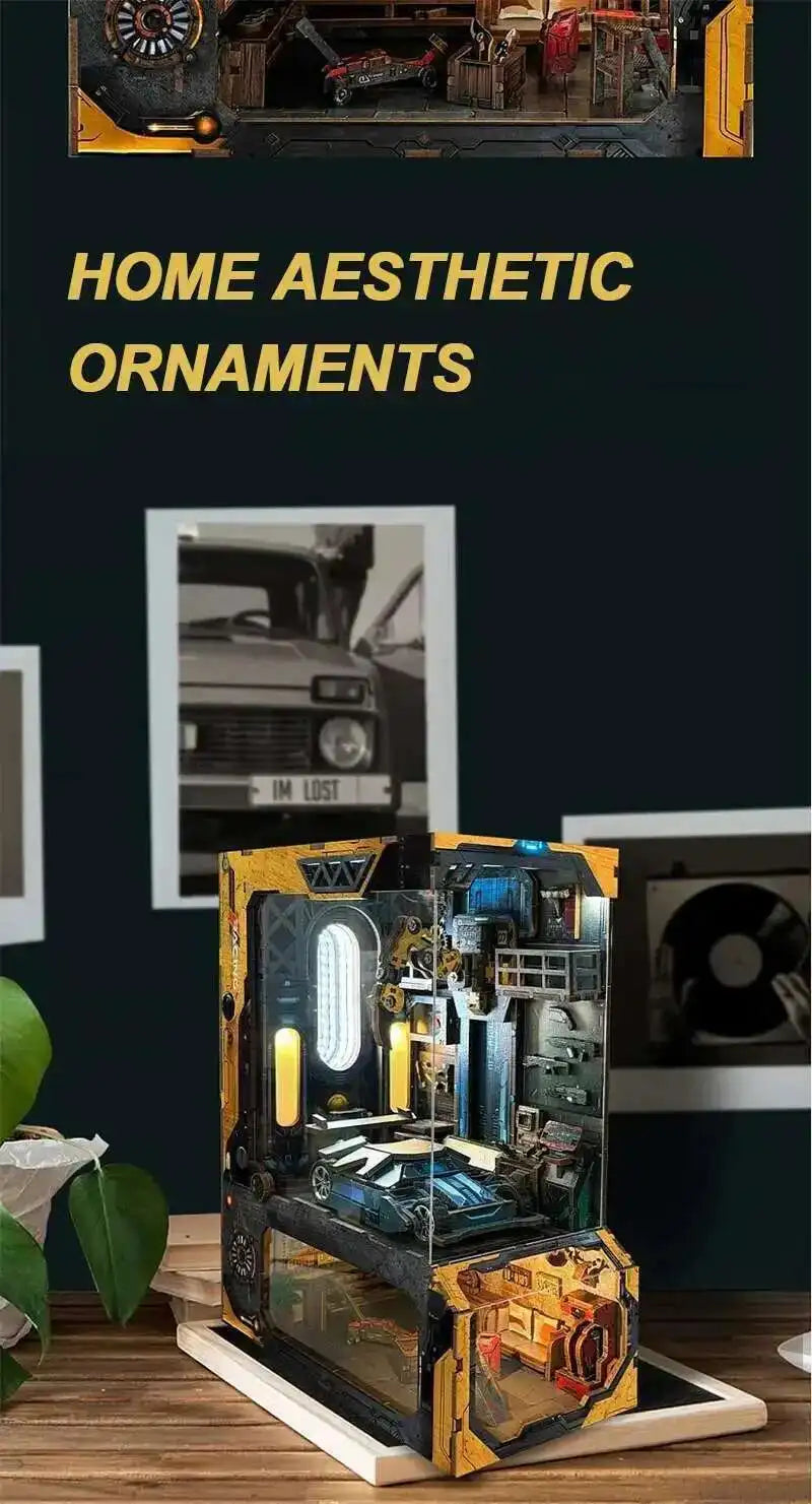 Automotive Workshop Wooden DIY Book Nook Figurines Miniatures Kits Bookshelf Home Bookend Decoration For Adult Handmade Gifts Model to assemble