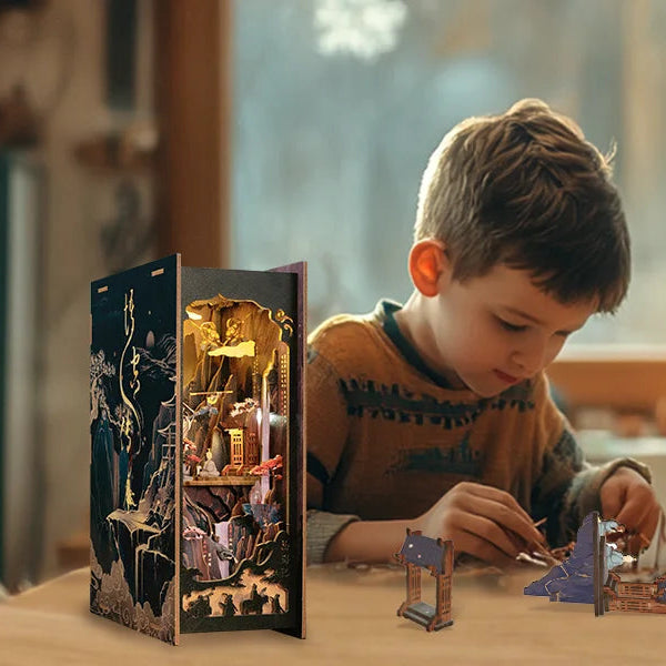 CUTEBEE DIY Book Nook Kit Miniature Wooden Dollhouse with Light Bookshelf Insert Decoration Model for The Legend of Wukong Model to assemble