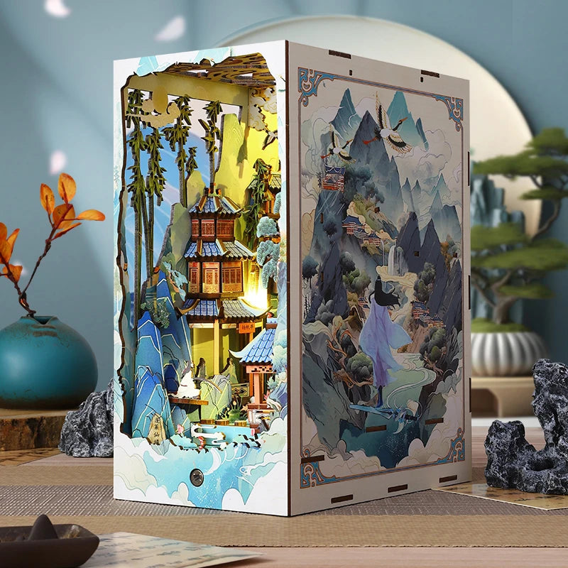 DIY Wooden Book Nook Shelf Insert Kits Miniature Model Kit Penglai Wonderland Casa Bookshelf Assembled Bookends Friends Gifts Model to assemble