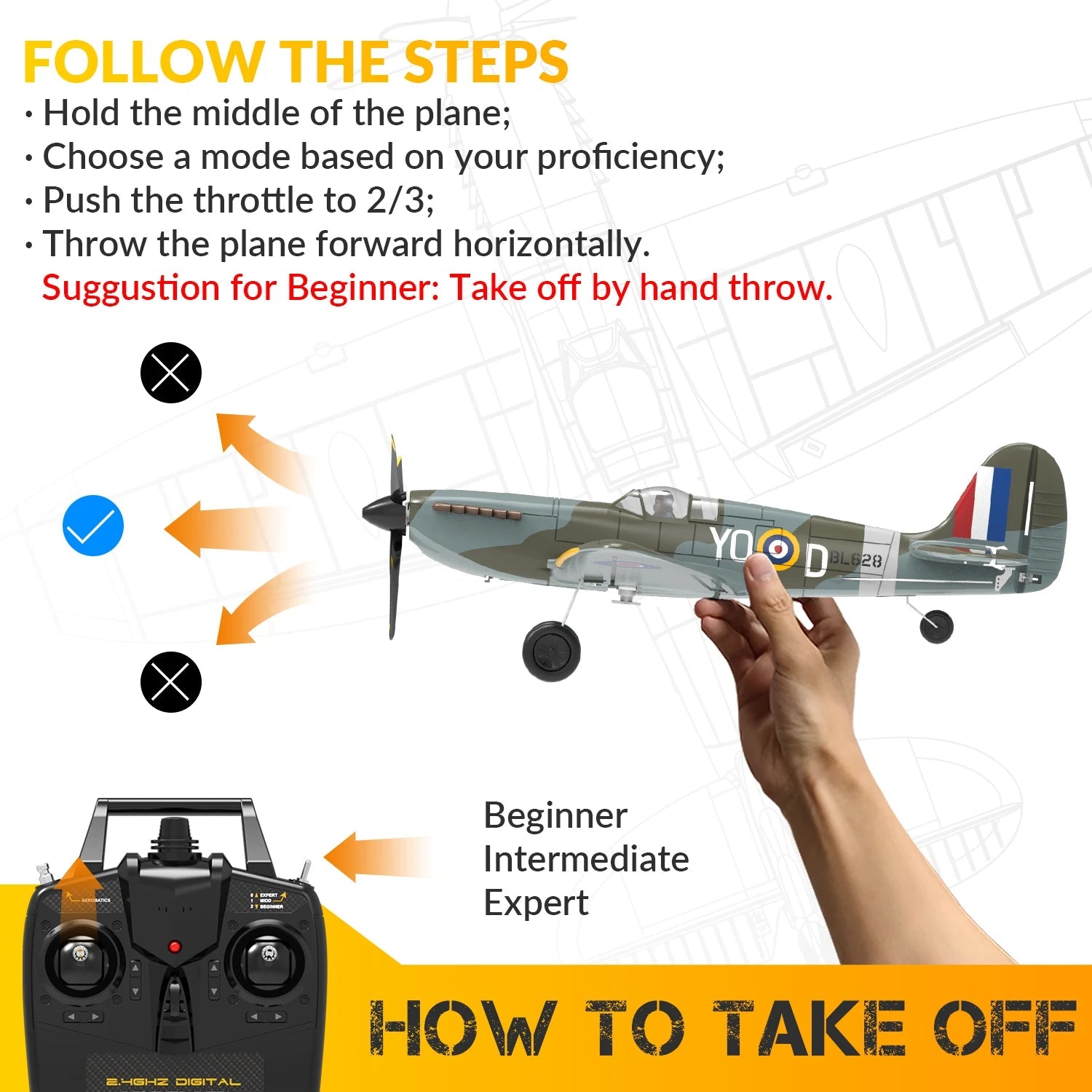 Volantex New Spitfire RC Plane EPP 400mm Wingspan RC Fighter One Key Aerobatic 2.4G 4CH RTF Warbird Plane Model to assemble