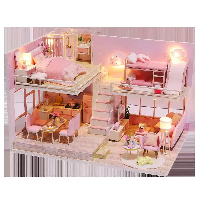 Pink Doll House With Furniture Light - Model to assemble
