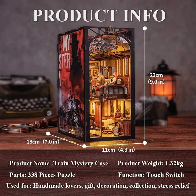 Detective, Train Mystery Wooden Dollhouse, Touch Light, Dust Cover, Bookshelf Insert, - Model to assemble
