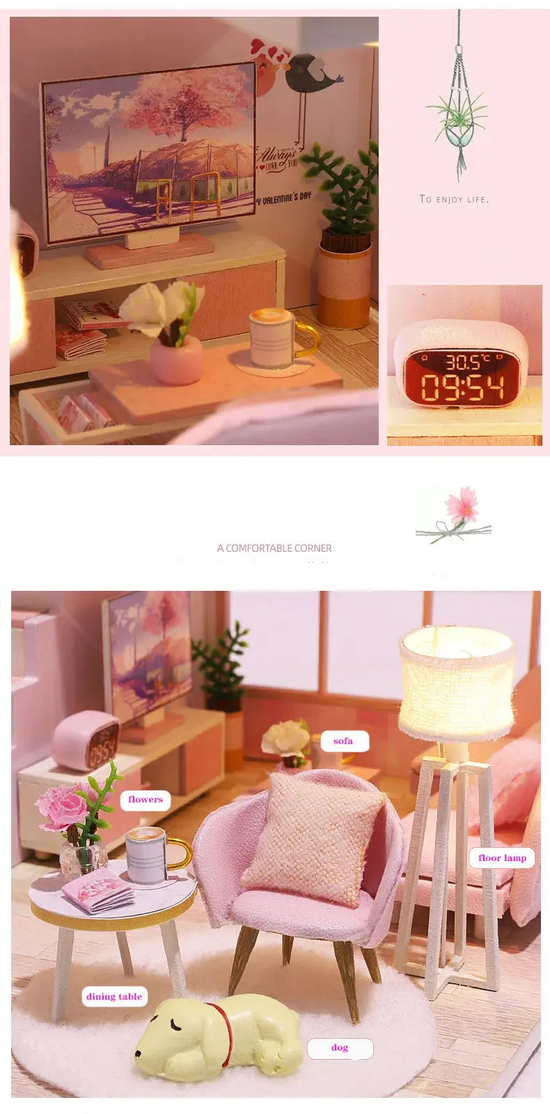 Pink Doll House With Furniture Light - Model to assemble