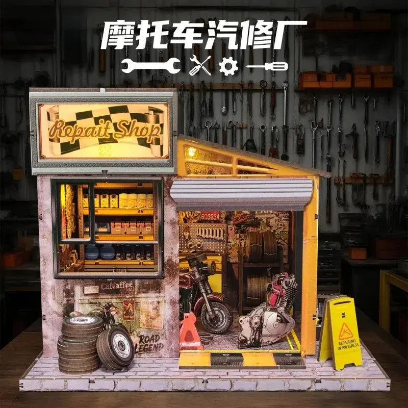 Vintage Motorcycle Garage Workshop Model - Model to assemble