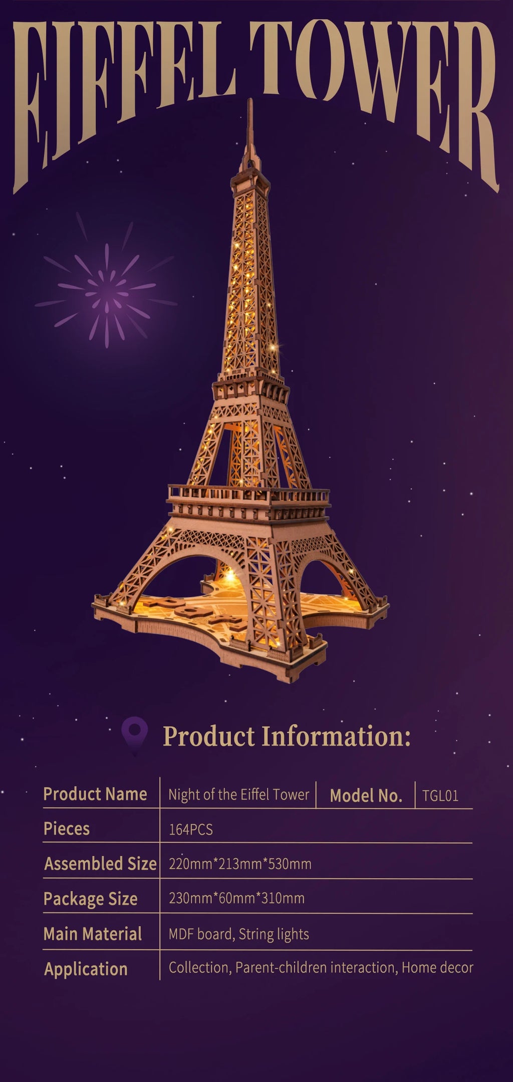 Night of the Eiffel Tower (light string included) - Model to assemble