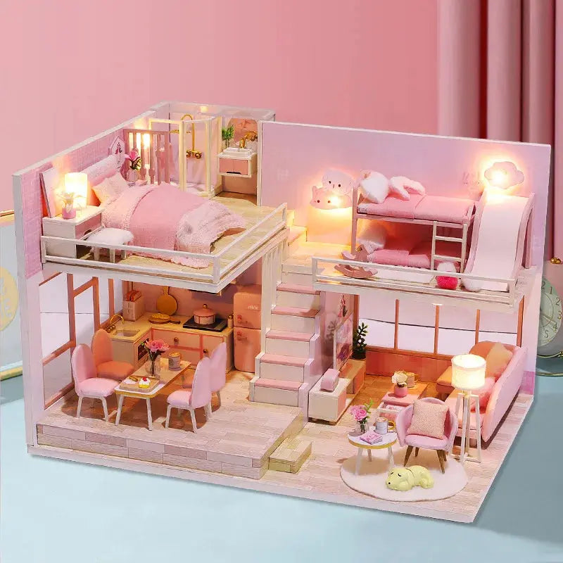 Pink Doll House With Furniture Light - Model to assemble