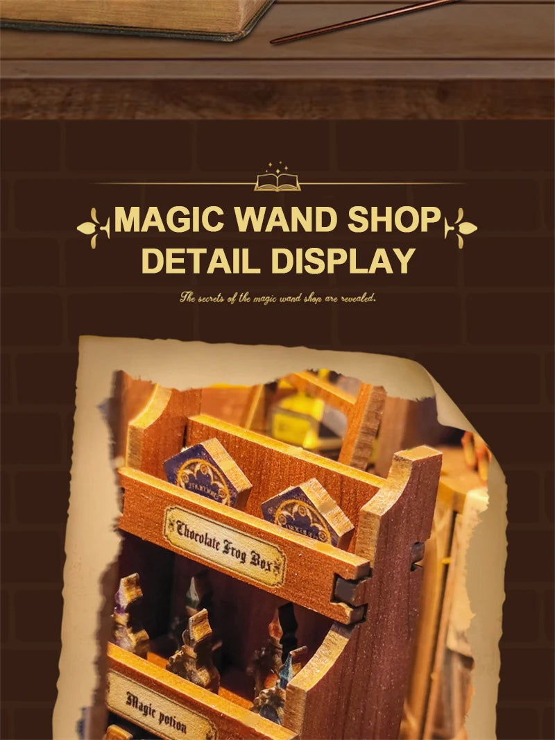Retro Magic Wand Store DIY Wooden Book Nook Figurines Miniature Kits Bookshelf Home Bookend Decoration For Adult Handmade Gifts - Model to assemble