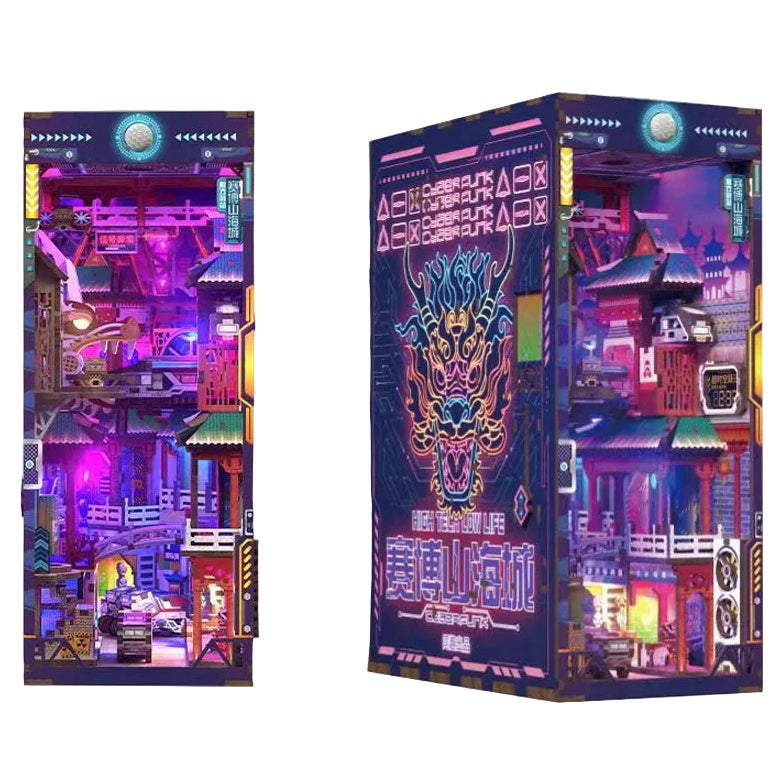 Retro Cyber City DIY Book Nook Kit with LED Lights & Dust Cover Model to assemble