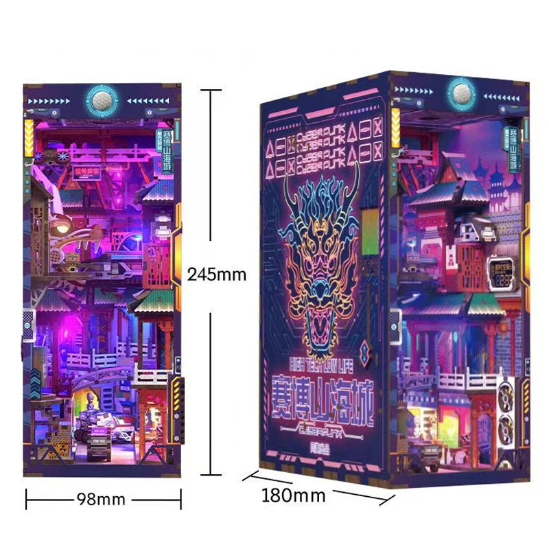 Retro Cyber City Wooden DIY Book Nook Figurines Miniature Kits Bookshelf Home Bookend Decoration For Adult Handmade Gifts Model to assemble