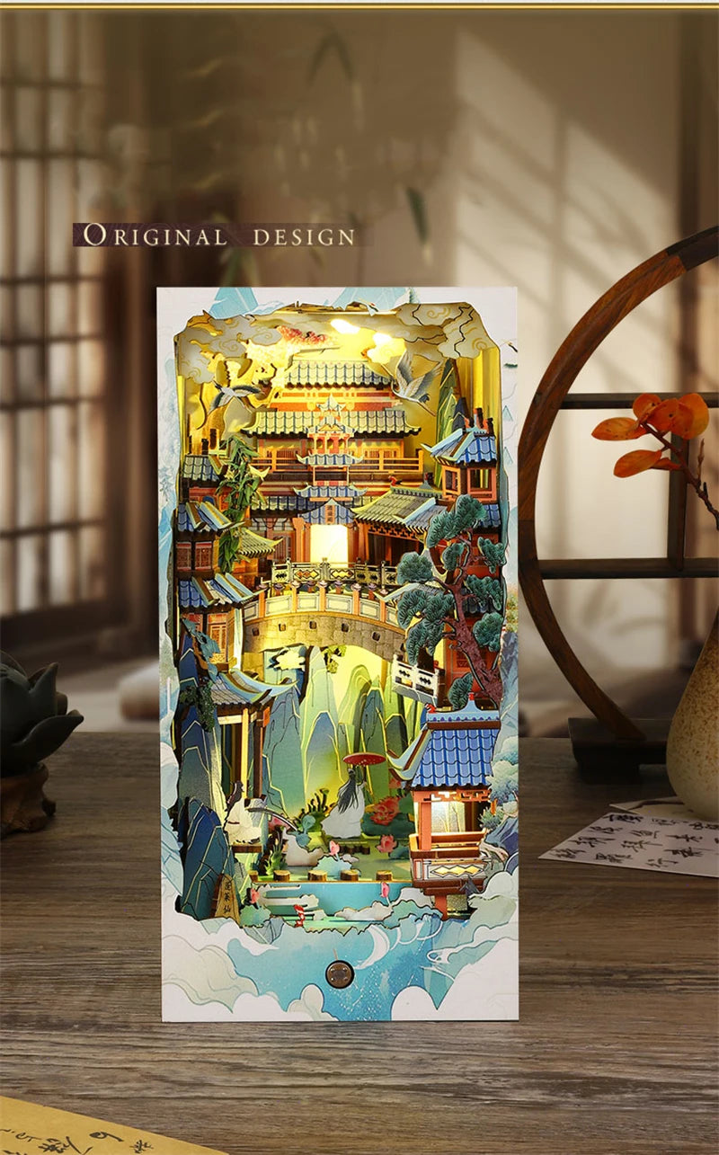 DIY Wooden Book Nook Shelf Insert Kits Miniature Model Kit Penglai Wonderland Casa Bookshelf Assembled Bookends Friends Gifts Model to assemble
