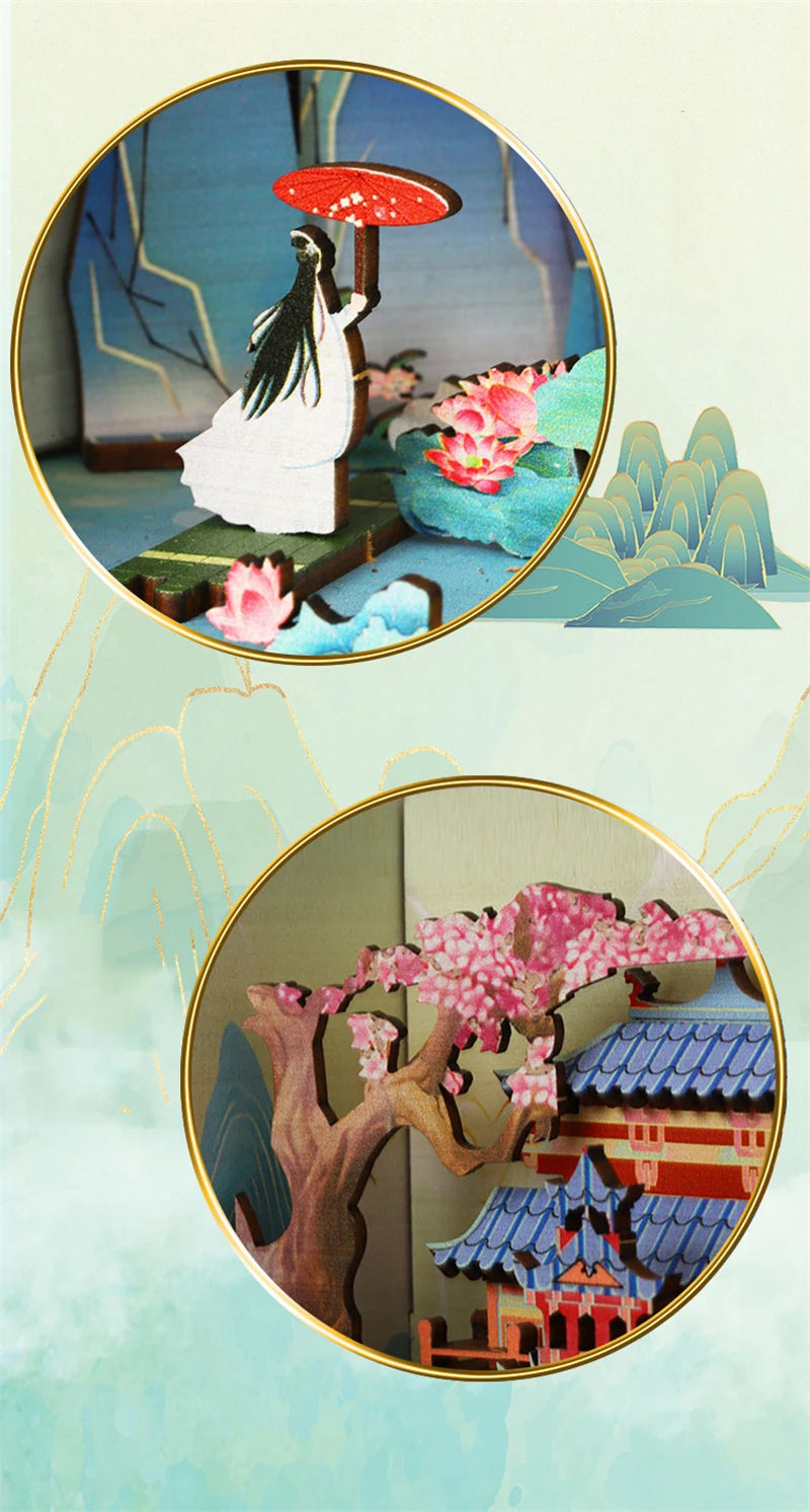 DIY Wooden Book Nook Shelf Insert Kits Miniature Model Kit Penglai Wonderland Casa Bookshelf Assembled Bookends Friends Gifts Model to assemble