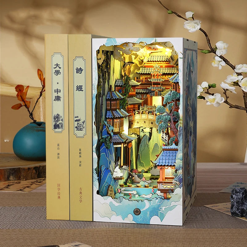 DIY Wooden Book Nook Shelf Insert Kits Miniature Model Kit Penglai Wonderland Casa Bookshelf Assembled Bookends Friends Gifts Model to assemble