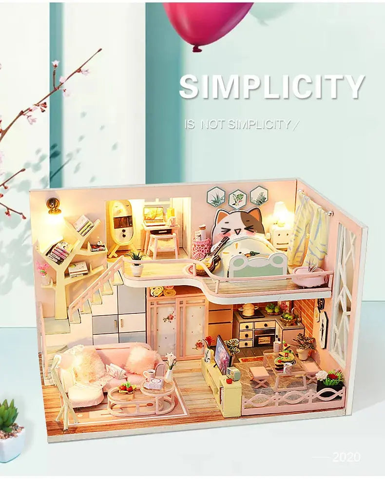 Pink Doll House With Furniture Light - Model to assemble