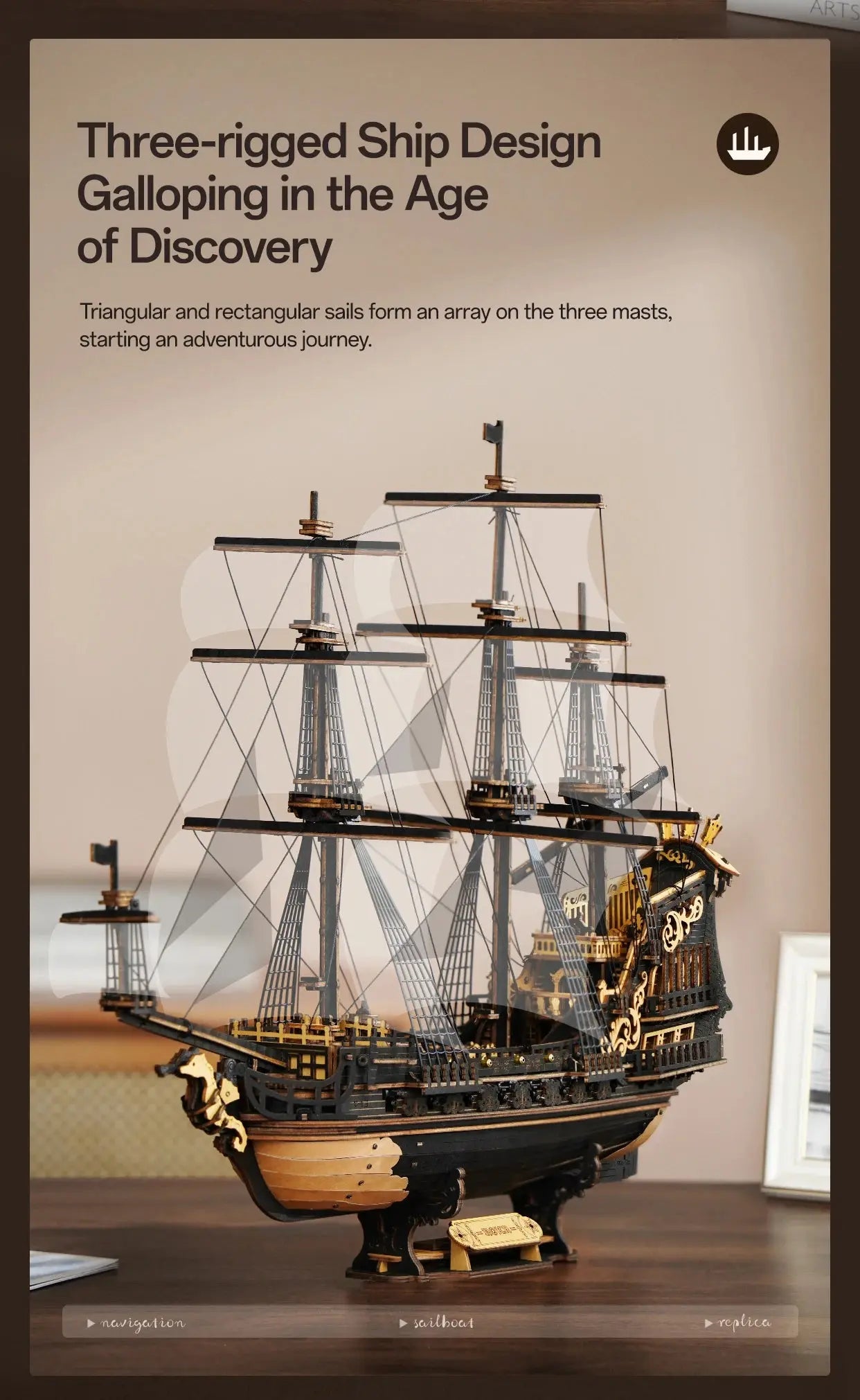 Wooden Three-Rigged Ship Model Kit - Model to assemble