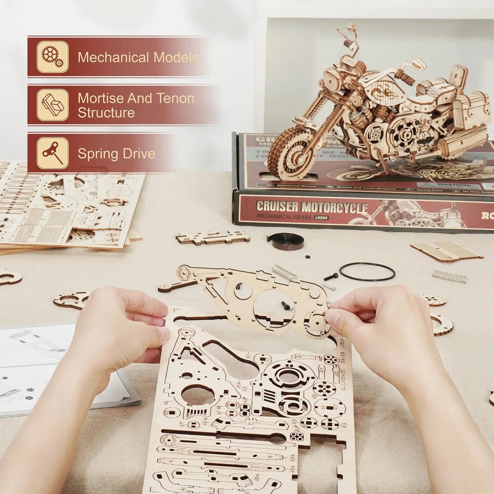 Robotime Rokr 420 PCS Cruiser Motorcycle DIY Wooden Model Building Block Kits Assembly Toy Gift for Children Adult Puzzle LK504 Model to assemble