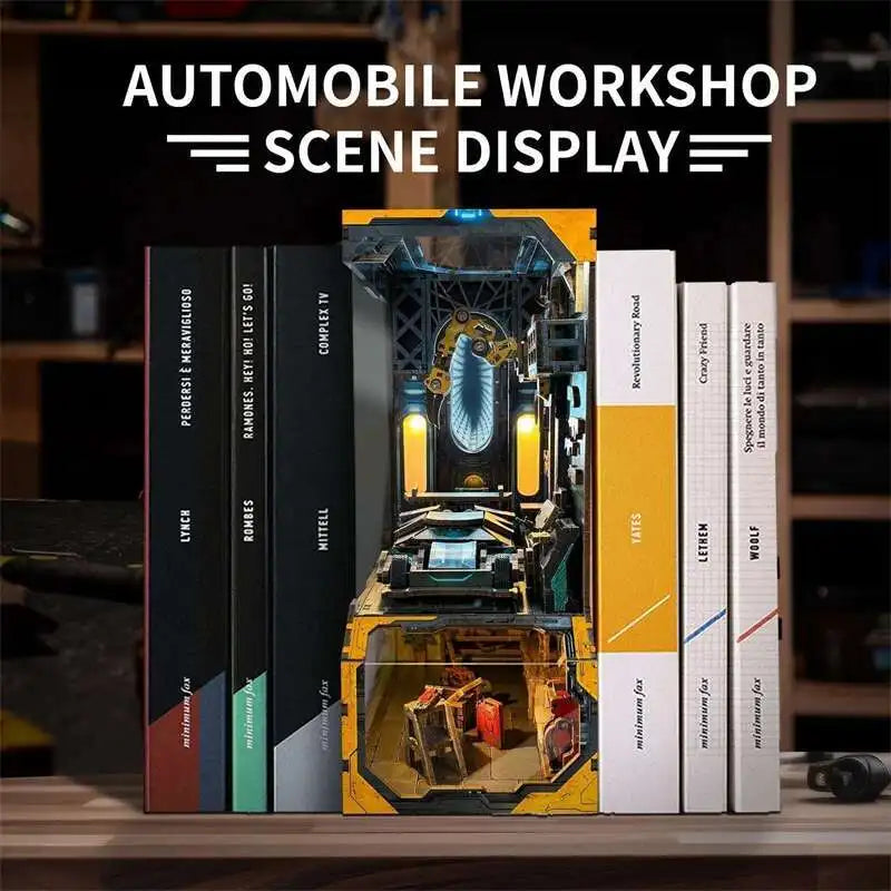 Automotive Workshop Wooden DIY Book Nook Figurines Miniatures Kits Bookshelf Home Bookend Decoration For Adult Handmade Gifts Model to assemble