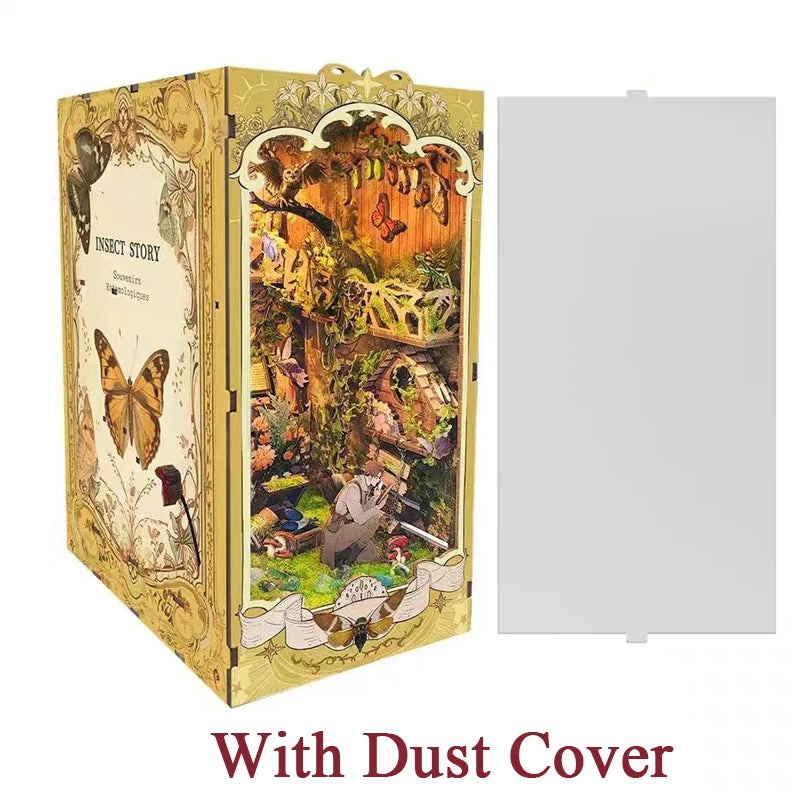 DIY Book Nook Insert Shelf Kits Wooden Miniature Building Kit The Records of Insects Bookend Bookshelf Home Decoration - Model to assemble