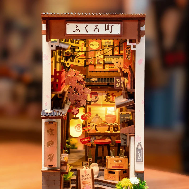 Robotime Rolife Sakura Wine Alley Japanese Style Design Book Nooks Kit for Family Home Bookshelf Decoration 3D DIY Wooden Puzzle Model to assemble