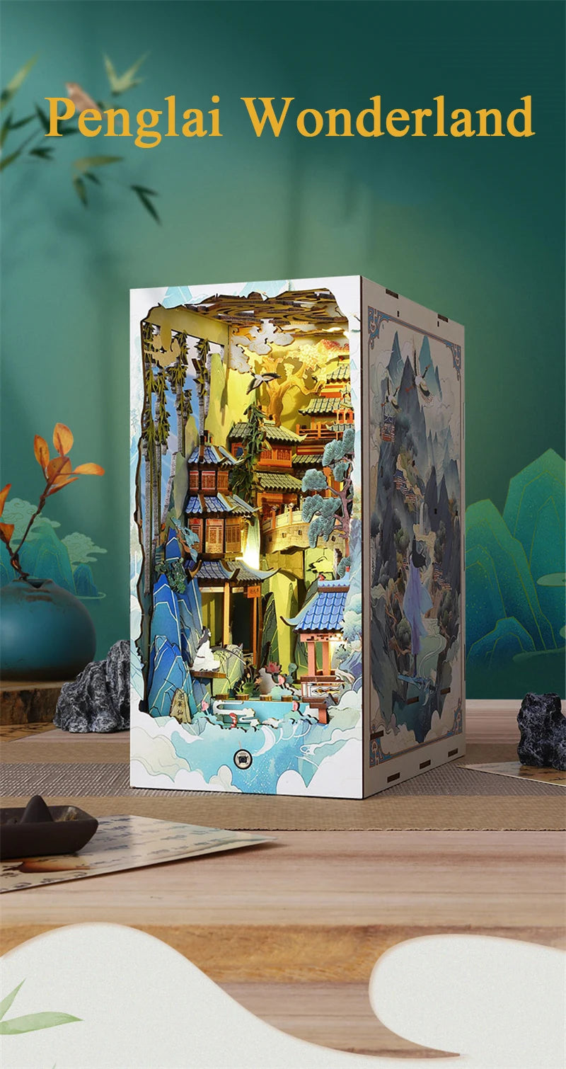 DIY Wooden Book Nook Shelf Insert Kits Miniature Model Kit Penglai Wonderland Casa Bookshelf Assembled Bookends Friends Gifts Model to assemble