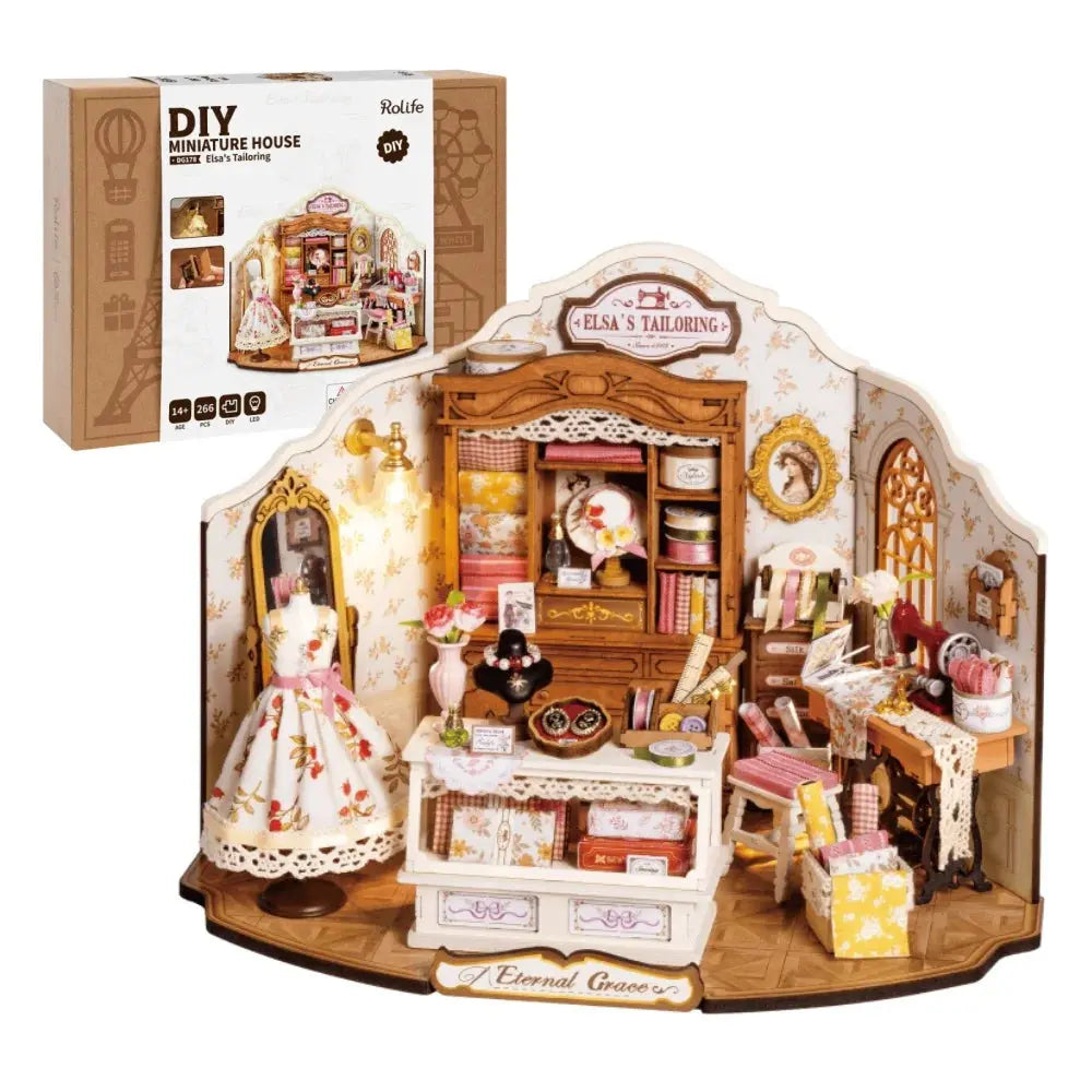 Elsa's Tailoring Miniature Dollhouse with LED Lights - Model to assemble