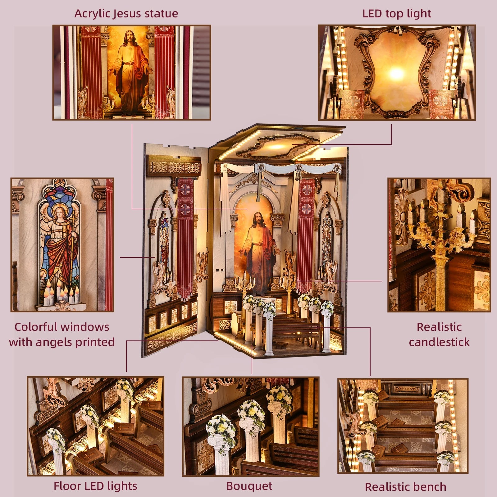 Book Nook Kit Cathedral DIY 3D Puzzle Classic Wooden Nativity Scene Ornament Bookshelf Dollhouse Model Bookend Building Home Dec Model to assemble
