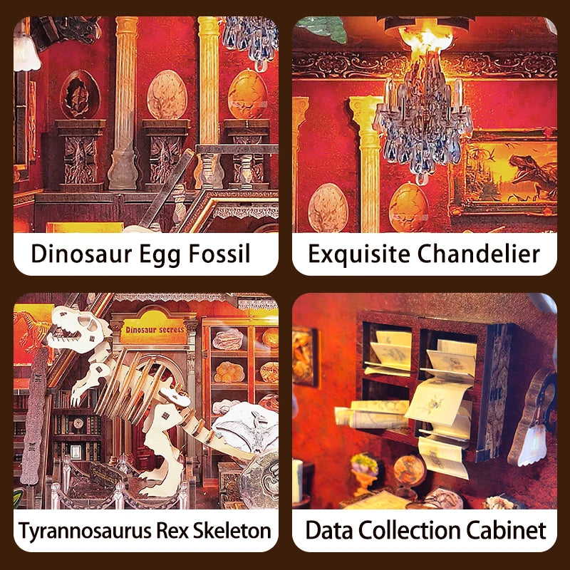 DIY Book Nook Wooden Miniature Model Kits Dinosaur Museum Casa Bookend 3D Puzzle With Light Bookshelf for Friends Birthday Gifts Model to assemble