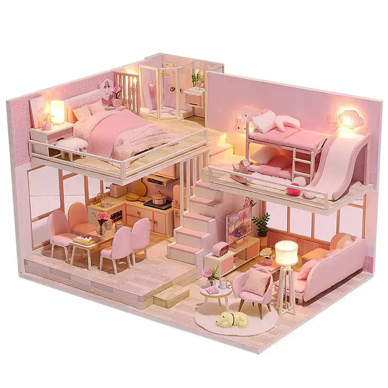 Pink Doll House With Furniture Light - Model to assemble