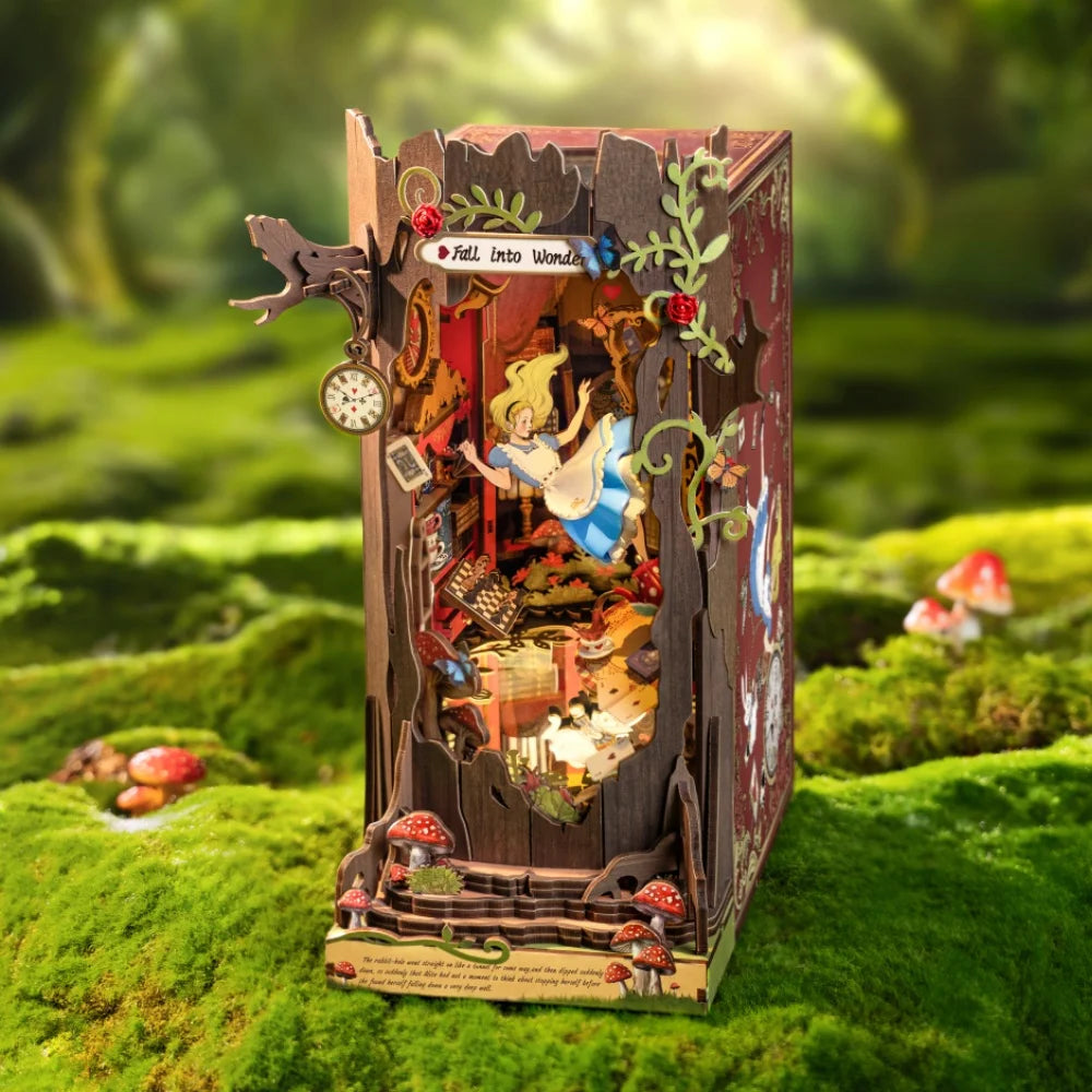 Robotime Rolife Book Nook Kits Fall into Wonder DIY Booknook with Lights Miniature House Kit 3D Wooden Puzzle Bookshelf Gift TGB Model to assemble
