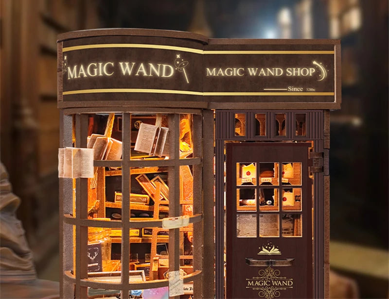 Retro Magic Wand Store DIY Wooden Book Nook Figurines Miniature Kits Bookshelf Home Bookend Decoration For Adult Handmade Gifts - Model to assemble